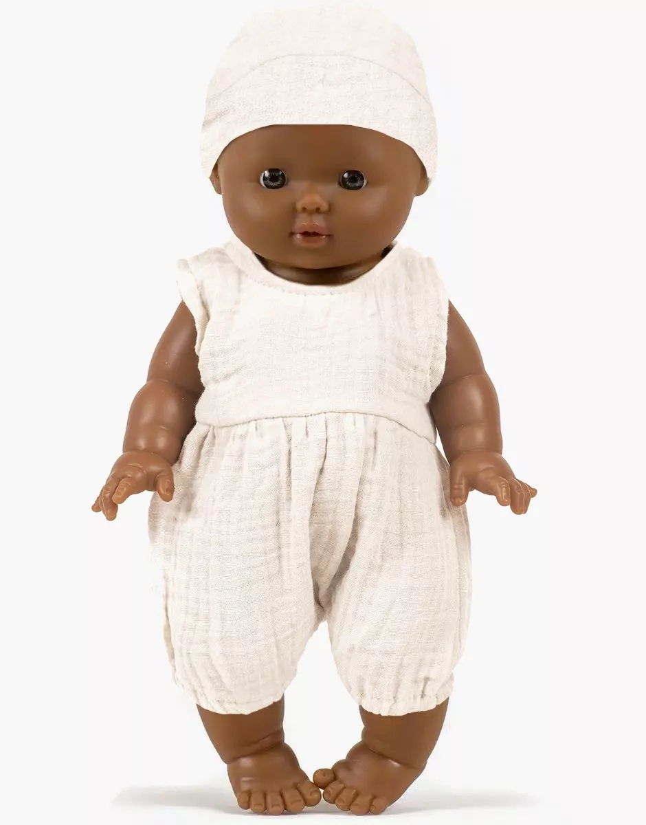 Léon et sa barboteuse Noa en gaze de coton écru avec bonnet