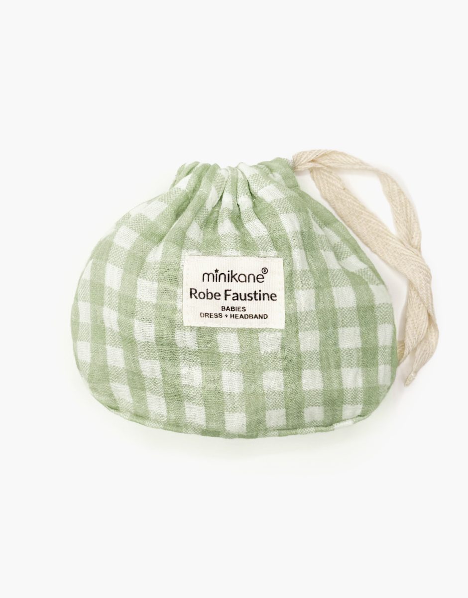 Babies - Robe Faustine et son headband en gaze de coton Vichy vert avec pochon