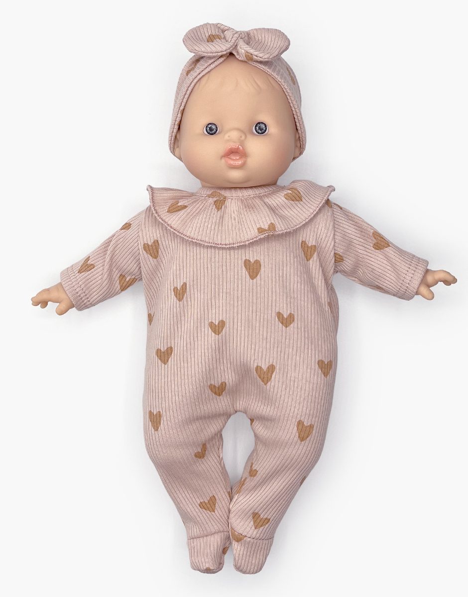 Kit de Naissance avec poupée Minikane Babies au choix, motif Petits coeurs roses.