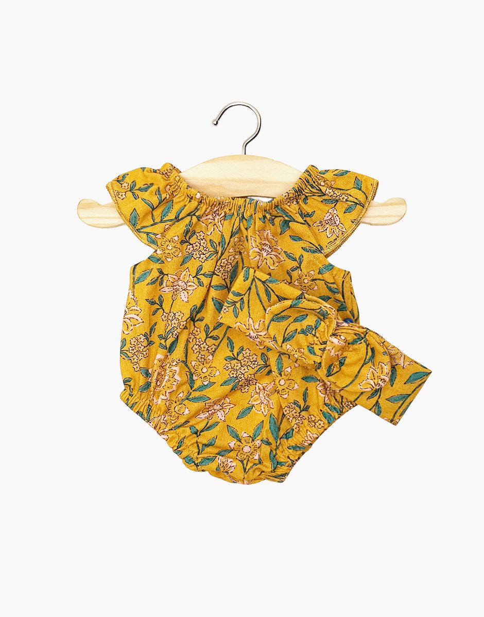 Barboteuse Clara et son headband en coton Fleurs en liane moutarde