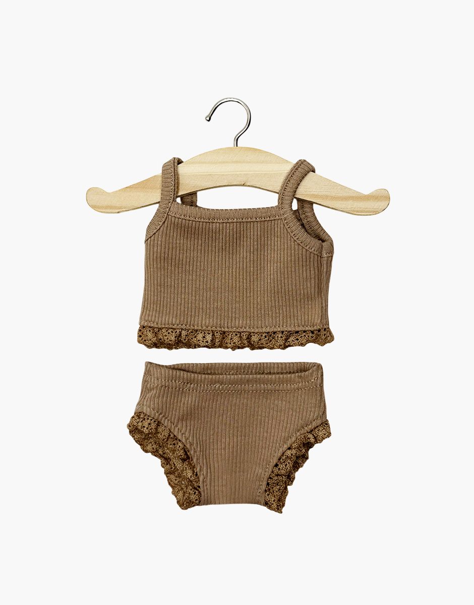 Dessous fille en maille côtelée chocolat chiné et sa dentelle