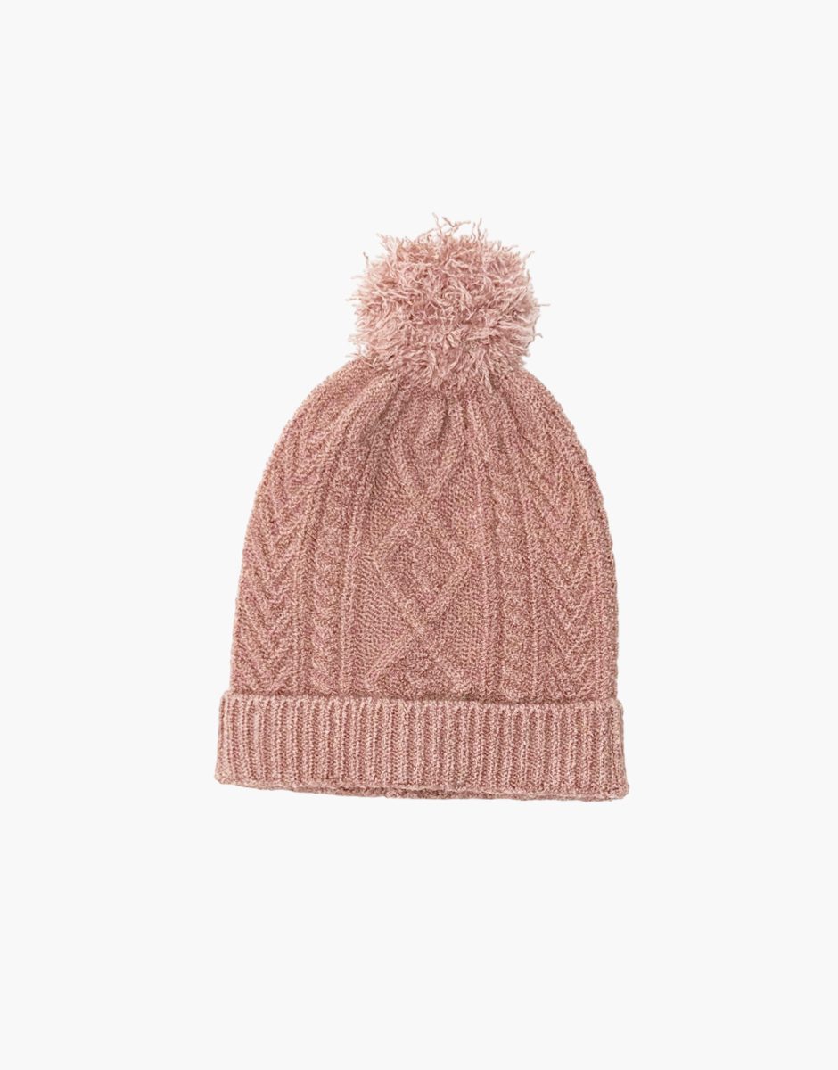 Bonnet Barry en tricot maille torsadée rose thé et son pochon