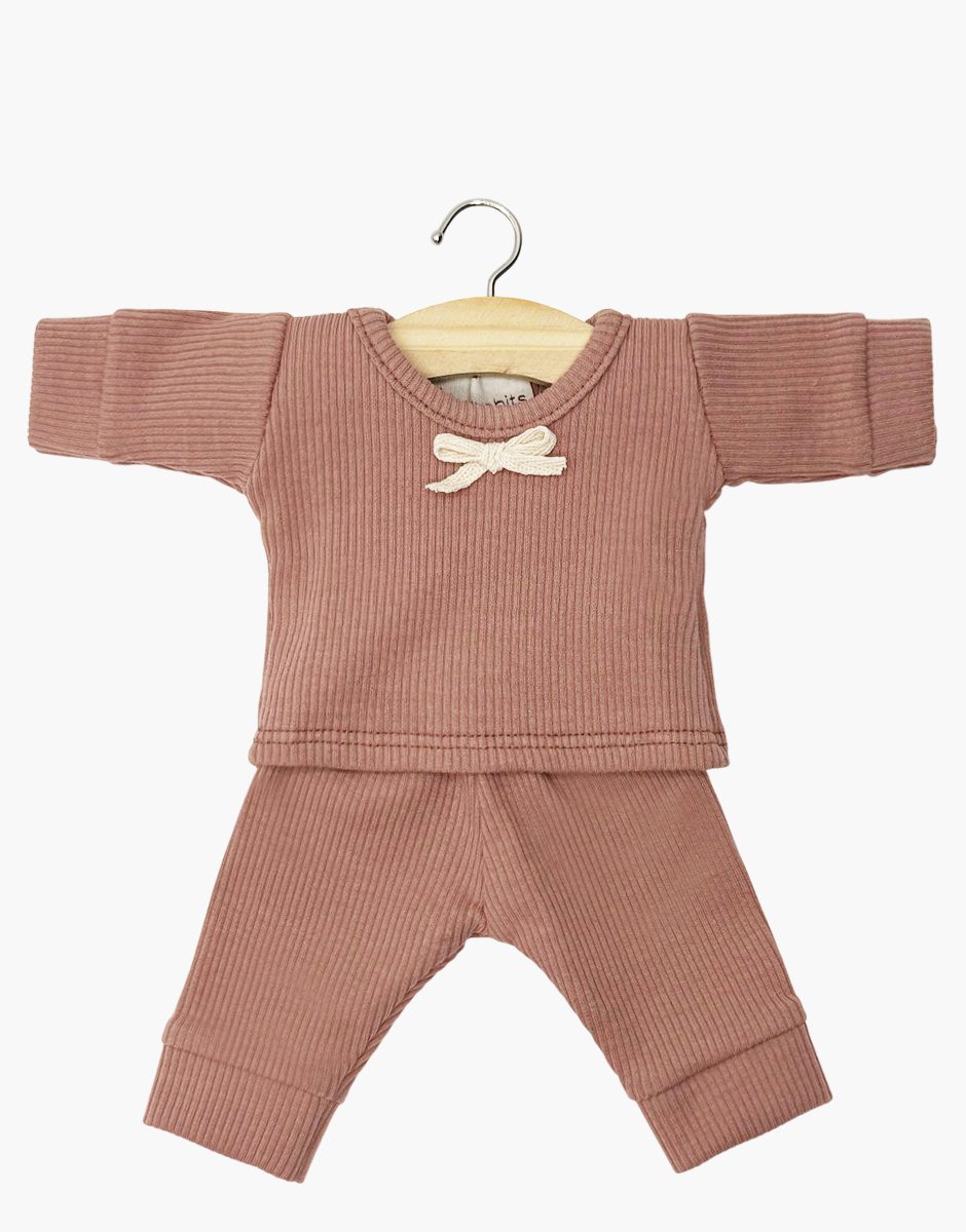 Pyjama Morgan fille à manches longues en maille côtelée rose argile avec petit noeud