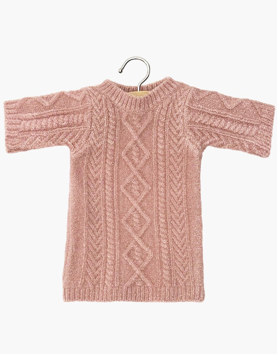 Robe Lena en tricot maille torsadée rose thé et son pochon