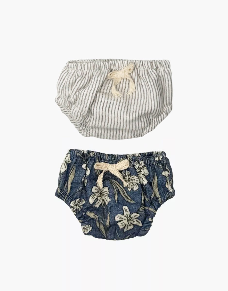 Lot de 2 culottes Charlotte en gaze de coton Fleur bleue / fines rayures grises sur écru