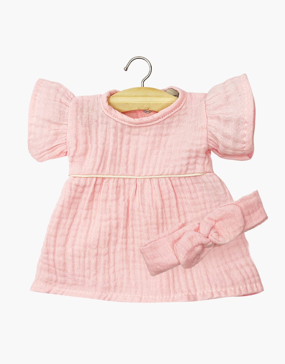 Robe Daisy et son headband à noeud rond en gaze de coton fraise