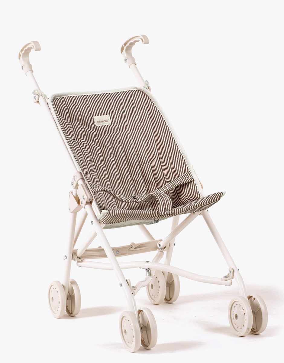 Poussette poupée quiltée en gaze de coton Country rayé châtain sur châssis crème