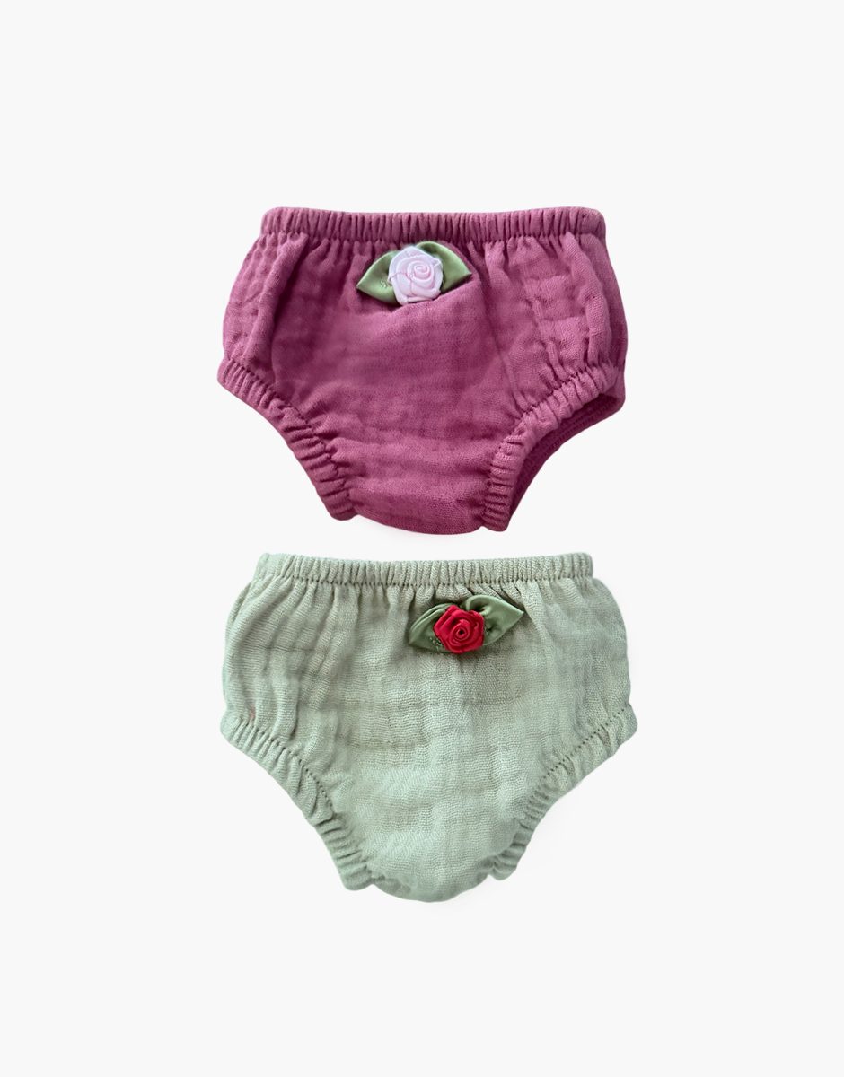 Lot de 2 culottes Charlotte en gaze de coton framboise / amande avec petite rose