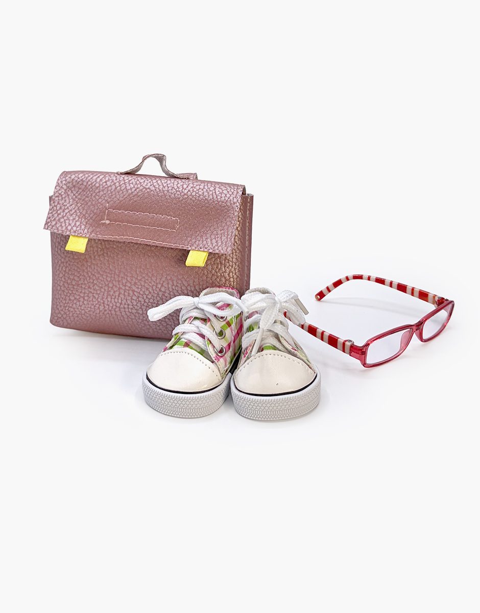 Lot accessoires d'école Mini Panchas avec cartable en simili cuir rose