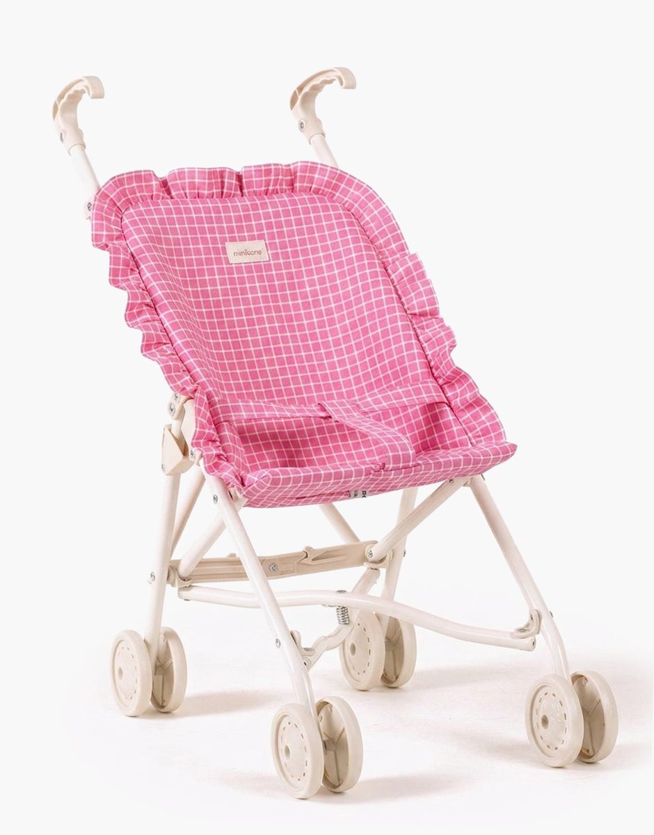 Poussette poupée à volants carreaux rose sur châssis crème