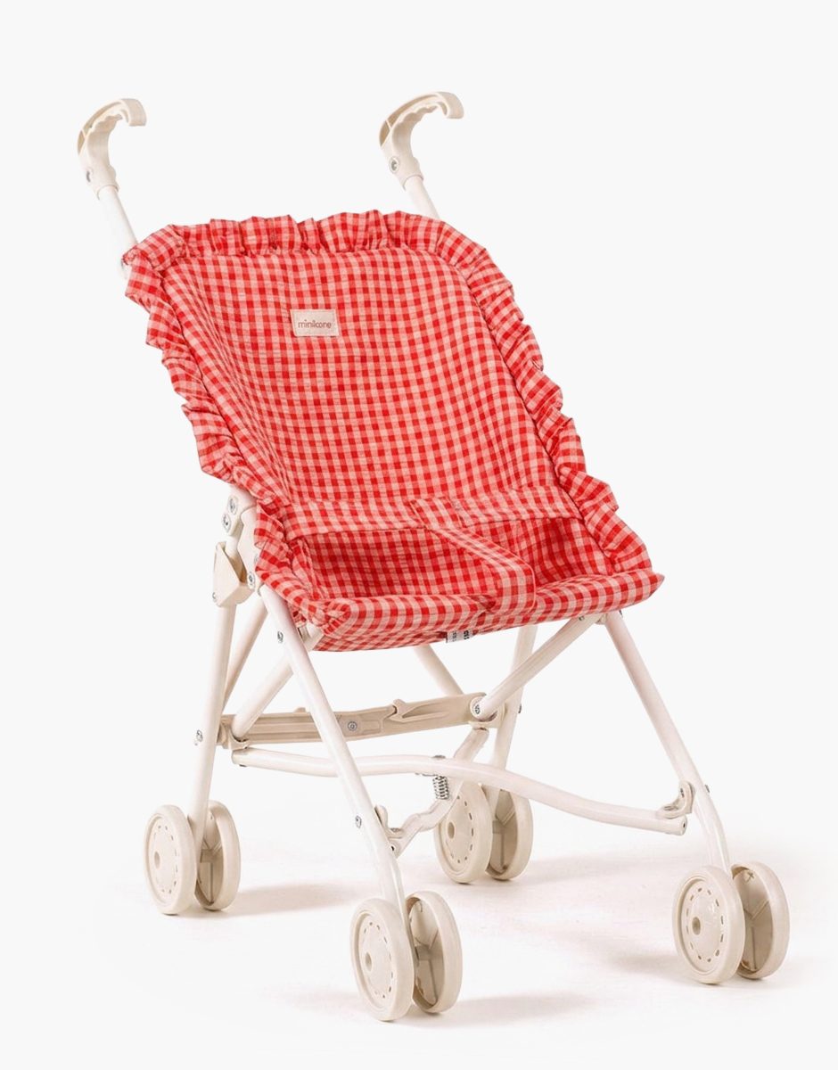 Poussette poupée à volants Vichy corail sur châssis crème