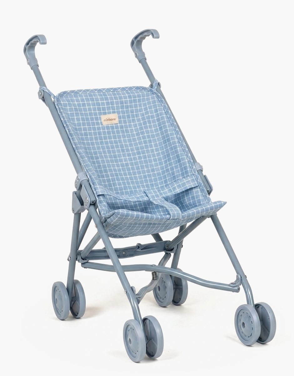 Poussette poupée à volants carreaux bleu sur châssis bleu