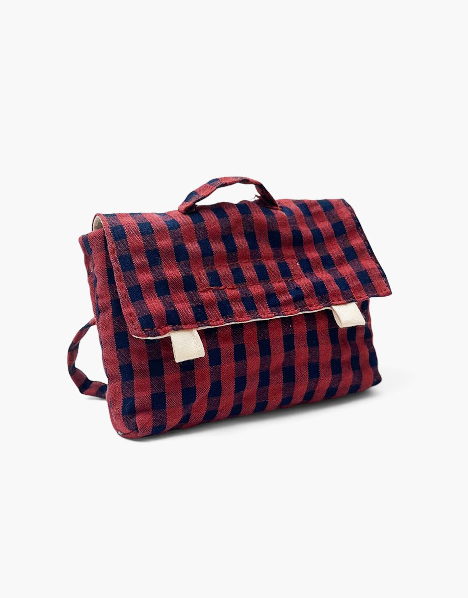Cartable vintage Swan en coton Vichy marine / brique