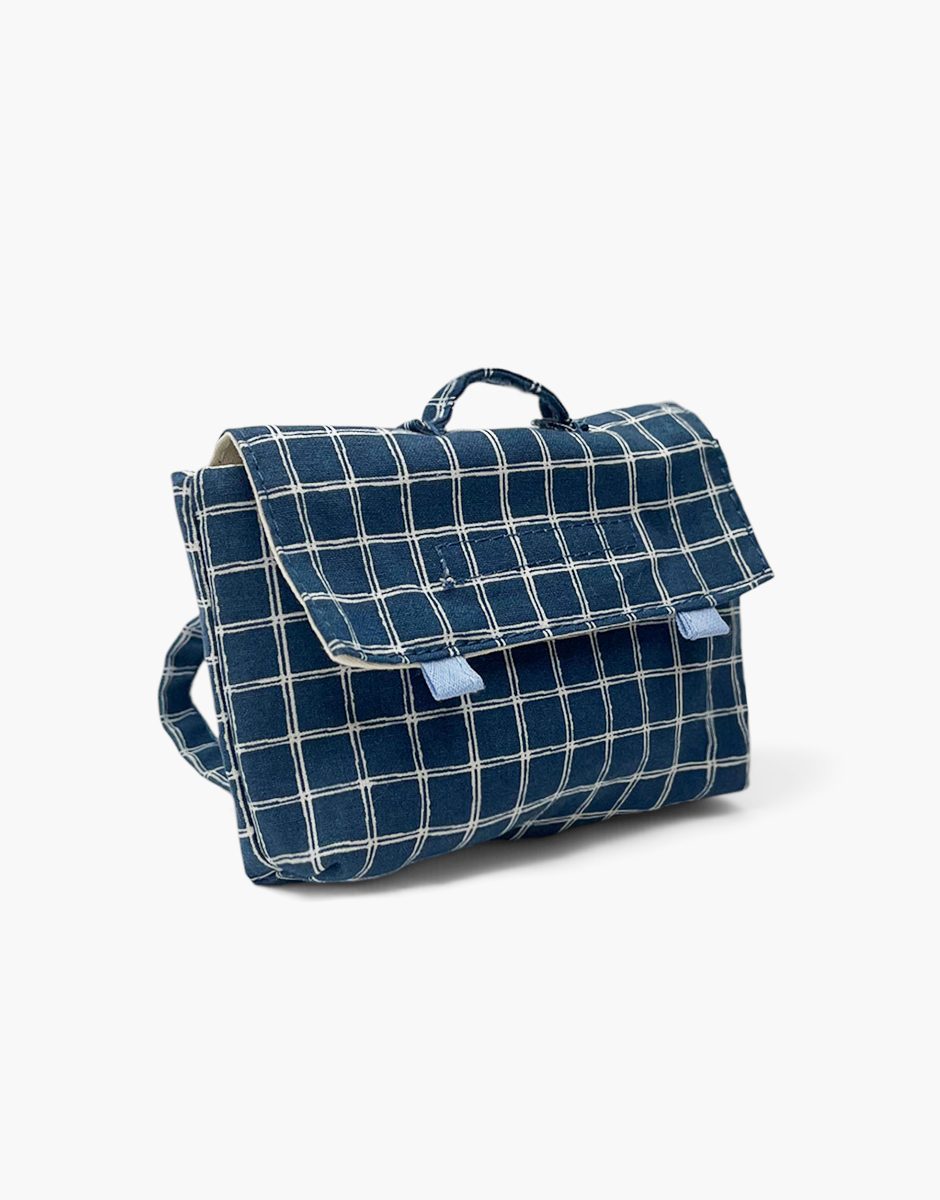 Cartable vintage Swan en coton à carreaux Jules bleu foncé