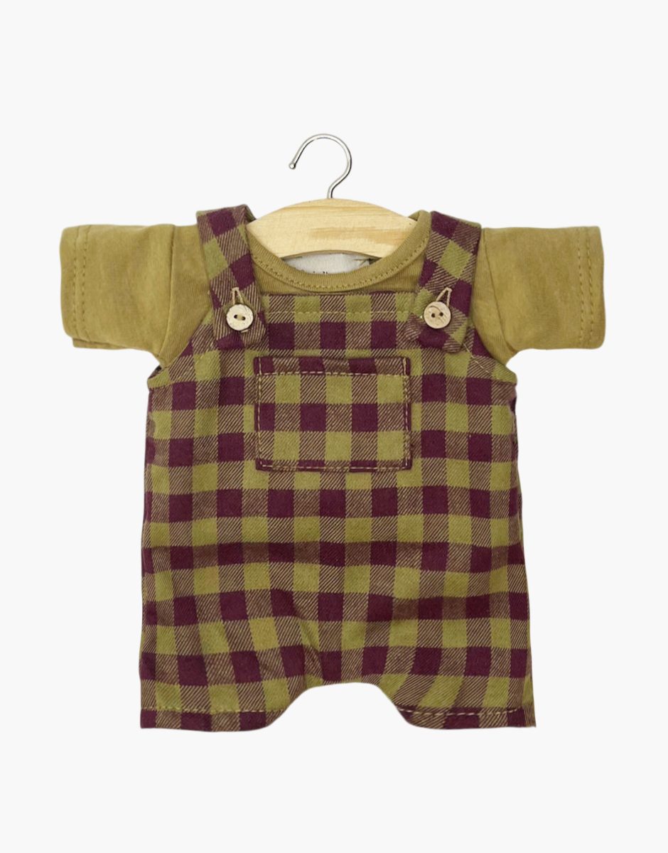 Ensemble salopette Antonin Vichy flanelle Olive / bordeaux et tee shirt en jersey olive