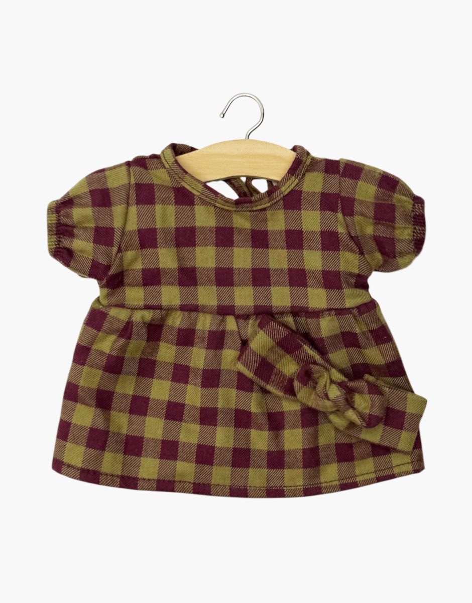 Babies - Robe Faustine et son headband en flanelle Vichy olive/bordeaux