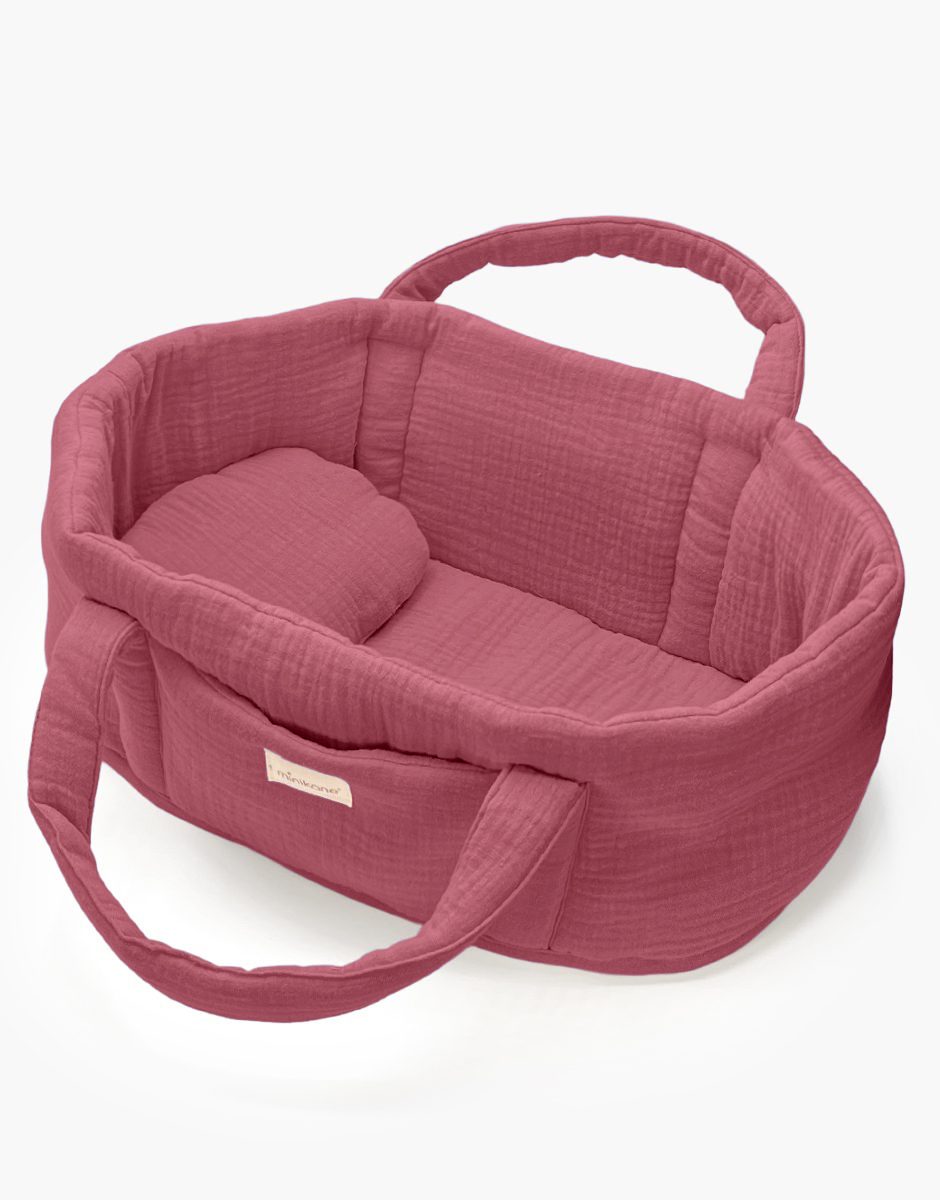 Couffin poupée et son oreiller en gaze de coton framboise