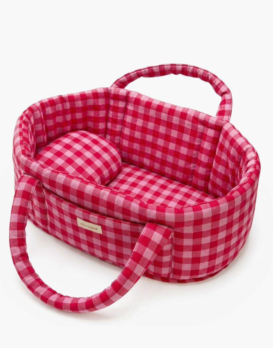 Couffin poupée et son oreiller en flanelle Vichy bonbon/cerise