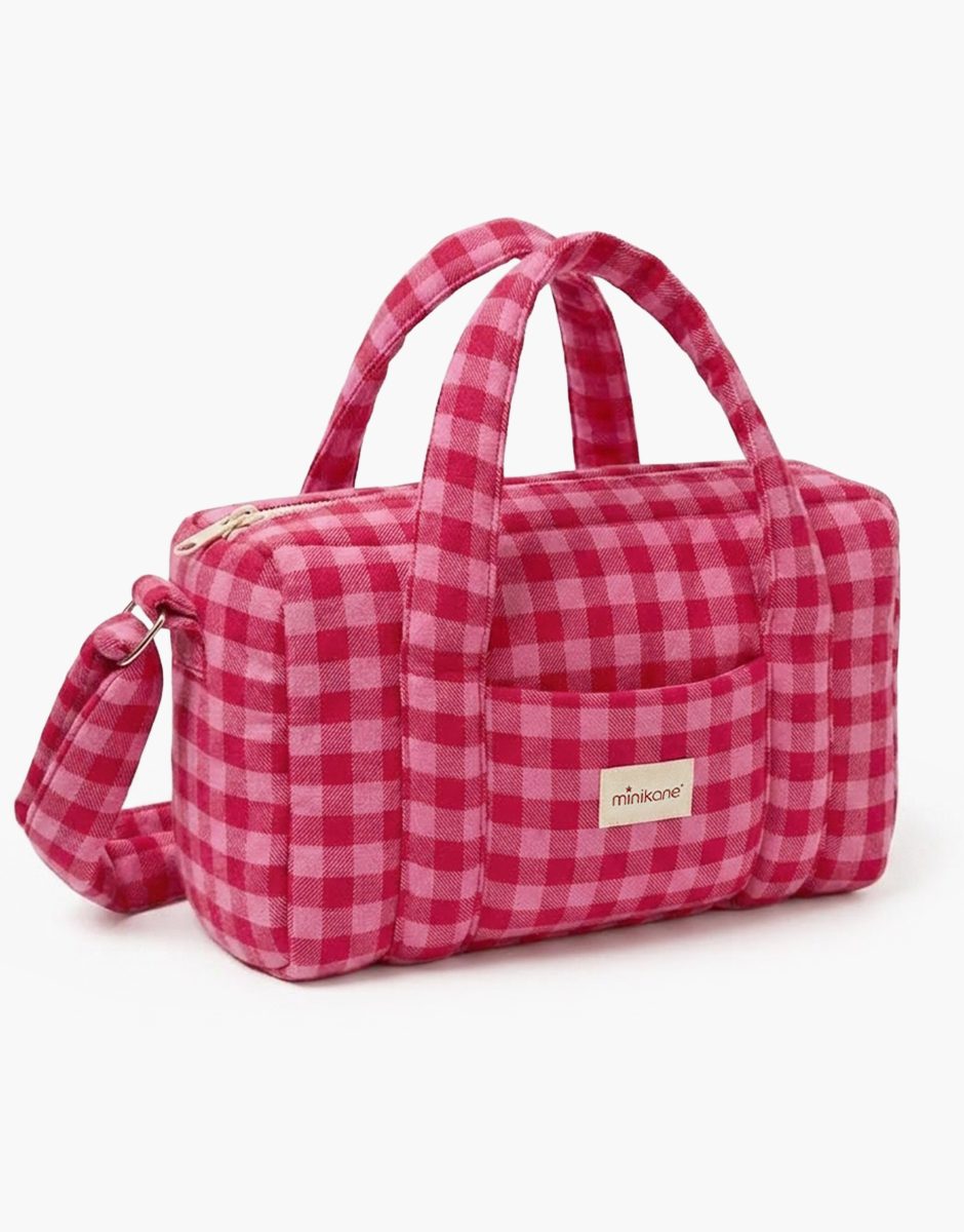 Sac à langer poupée en flanelle Vichy bonbon/cerise