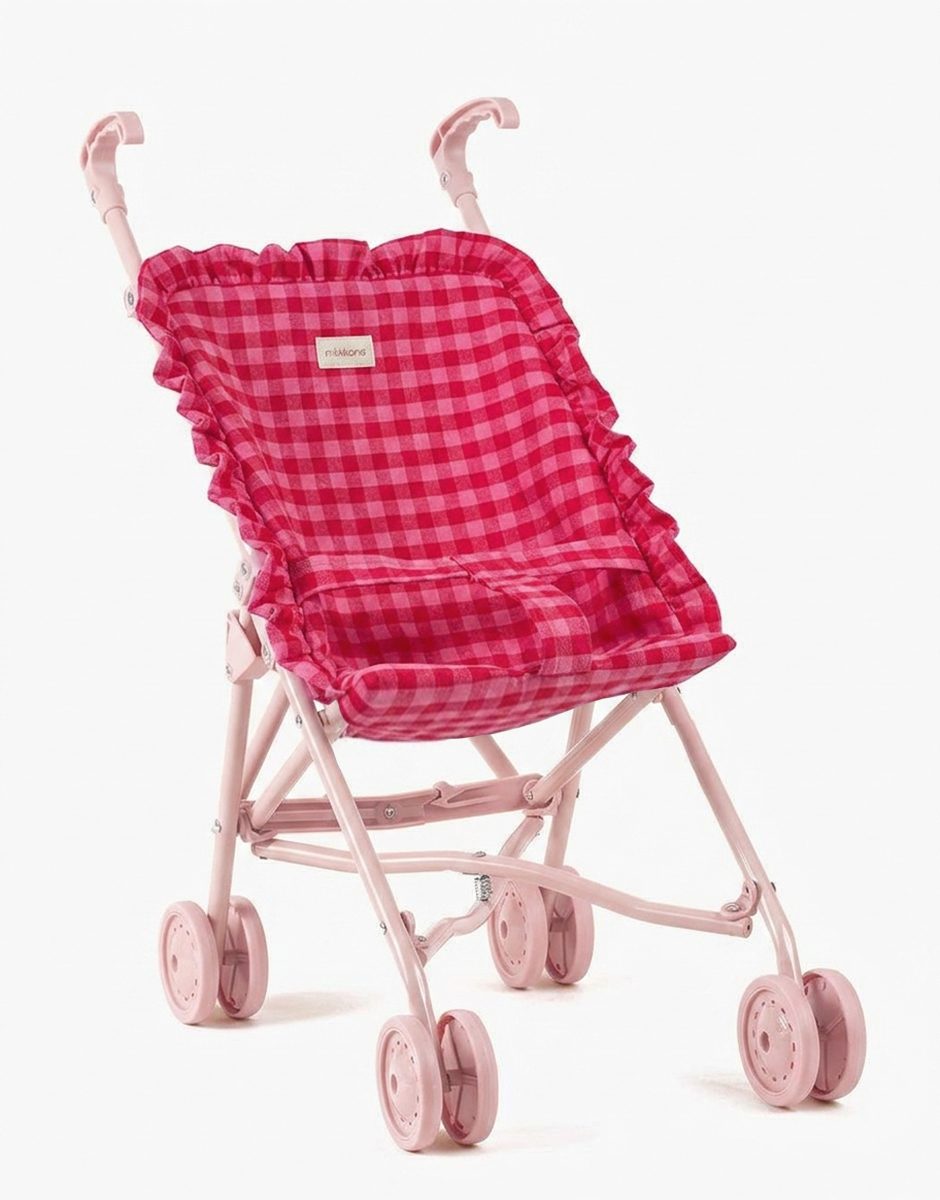 Poussette poupée à volants en flanelle Vichy bonbon/cerise sur châssis nude