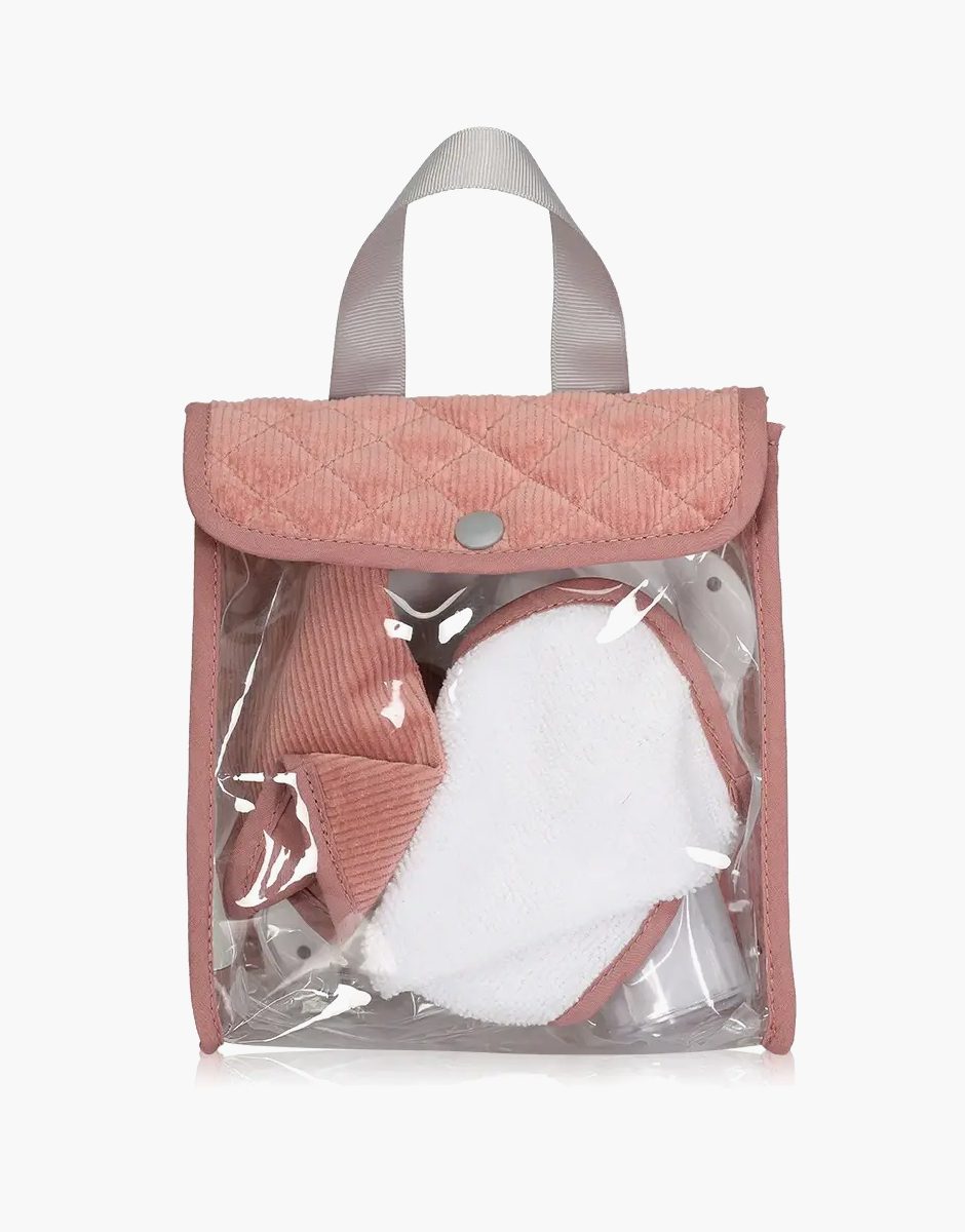 Set dinette en plastique dans sa trousse rose